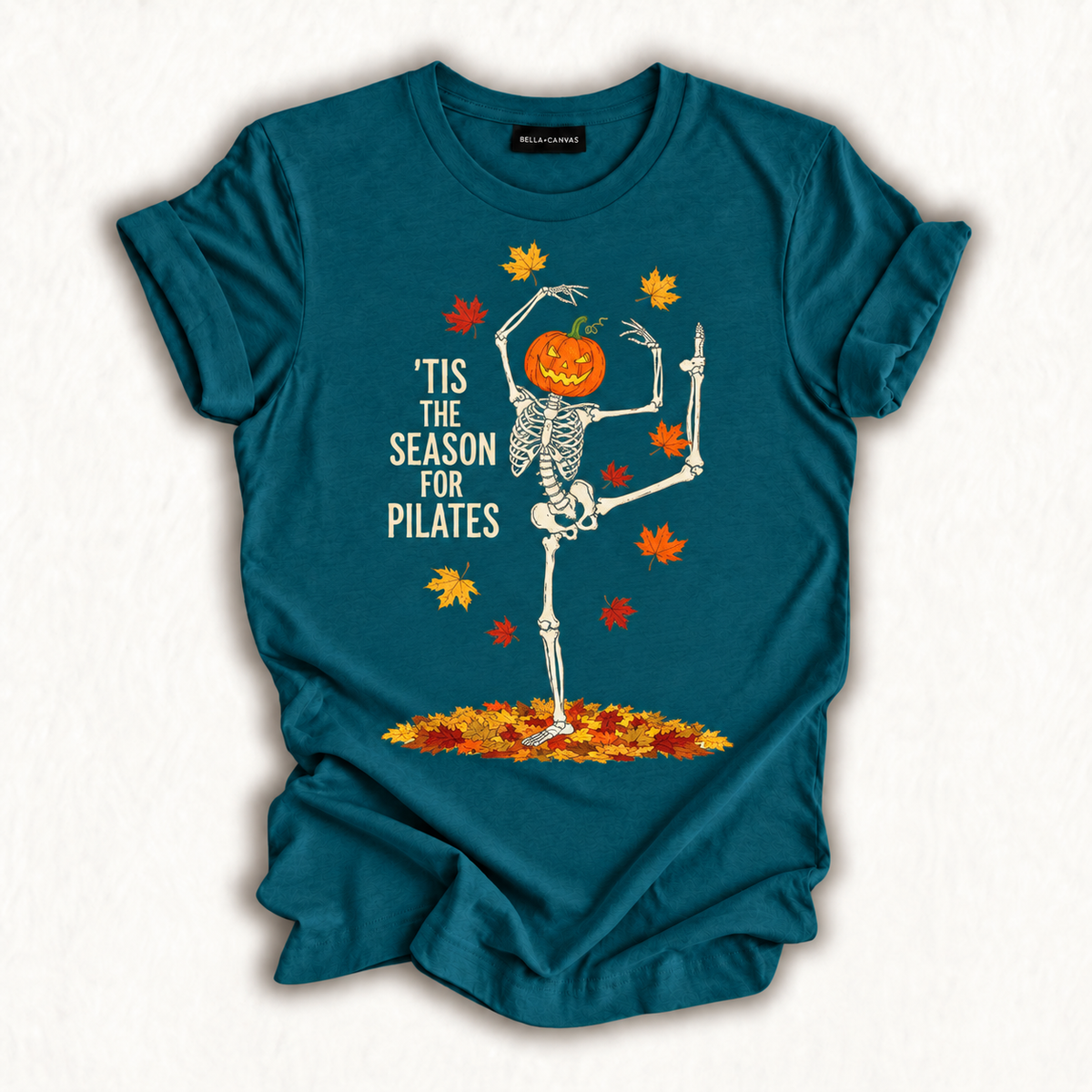 Funny Pilates Skeleton Pumpkin Yoga Halloween Fall Workout T-Shirt