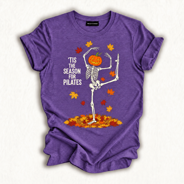Funny Pilates Skeleton Pumpkin Yoga Halloween Fall Workout T-Shirt